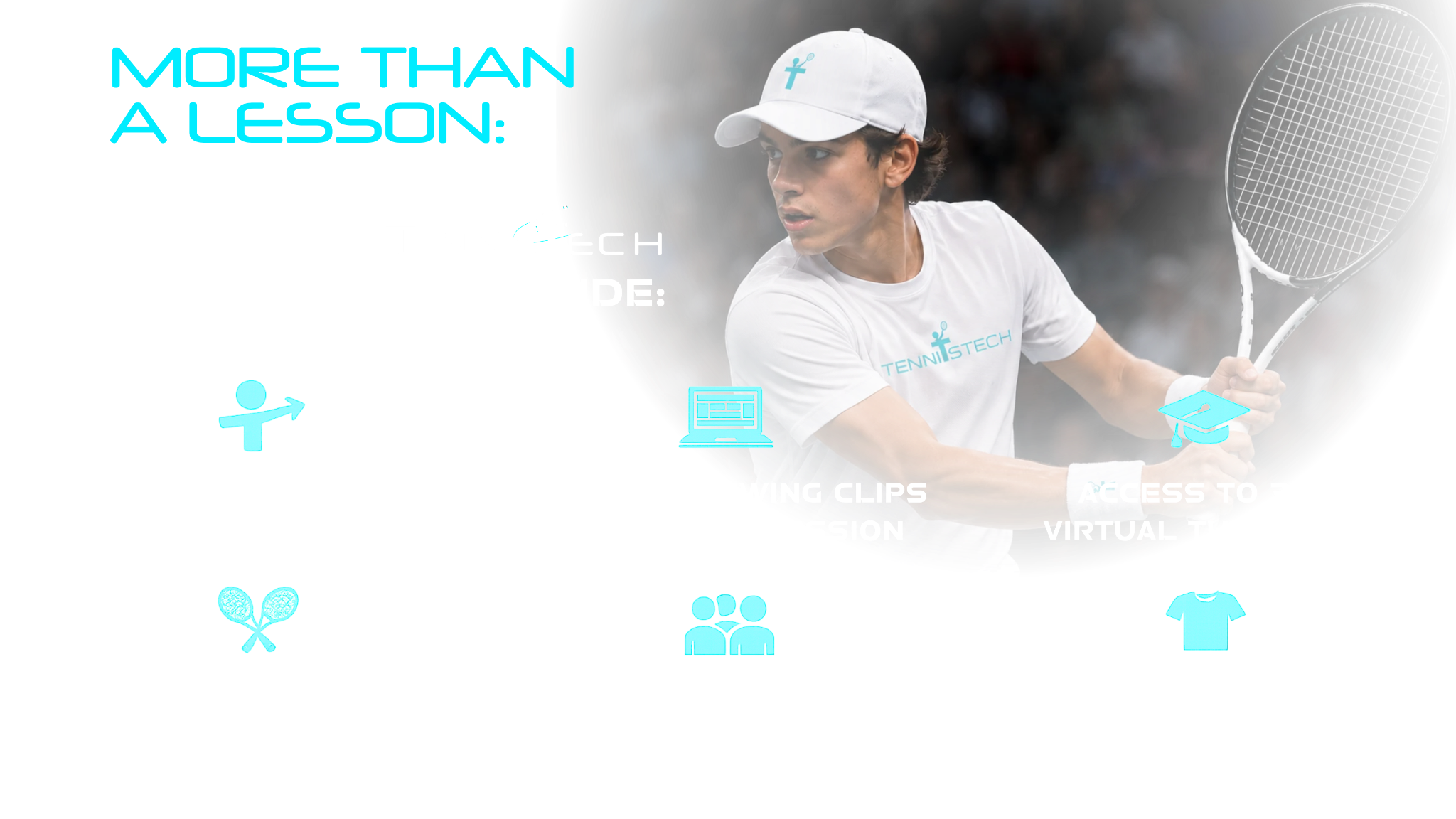 More than just a lesson: all TennisTech packages include a personalized player pathway, analyzed swing clips, 30+ virtual tutorials, racquet demo program, hitting partnerships, and custom gear.